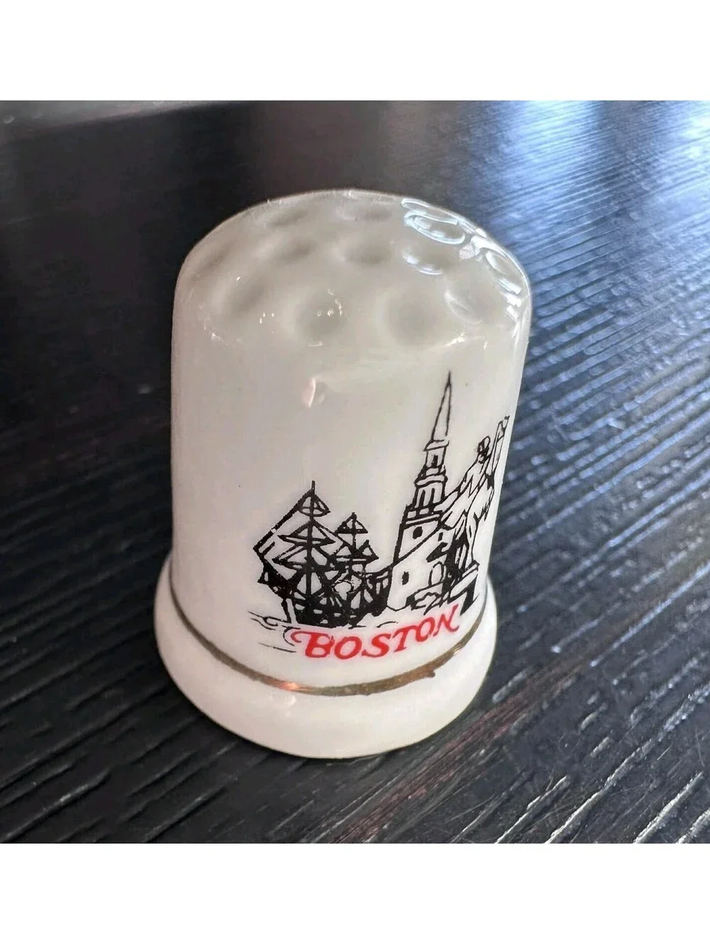 Vintage Boston Massachusetts Thimble City Landmarks Gold Trim Souvenir EUC